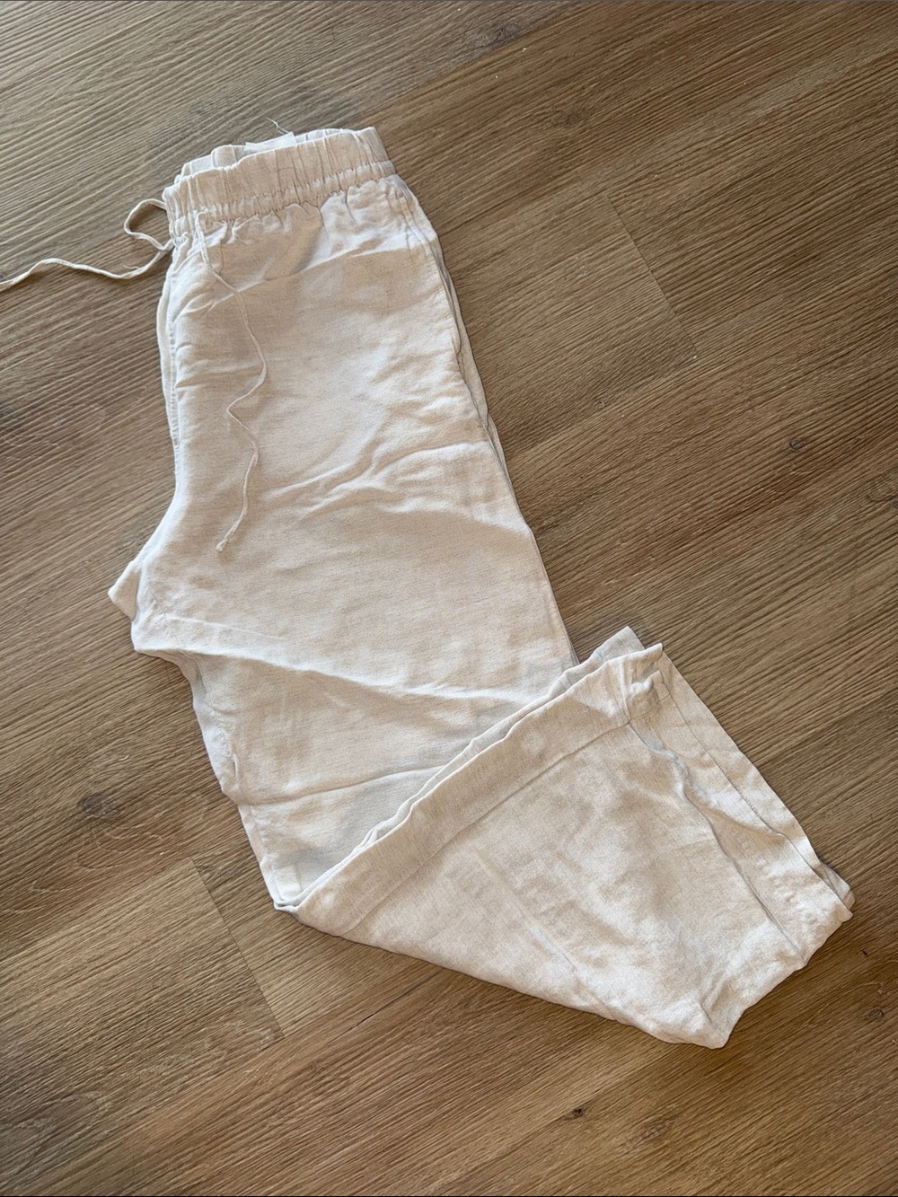 H&M Light Cream Linen Blend Drawstring Flowy Wide Leg Long Pants